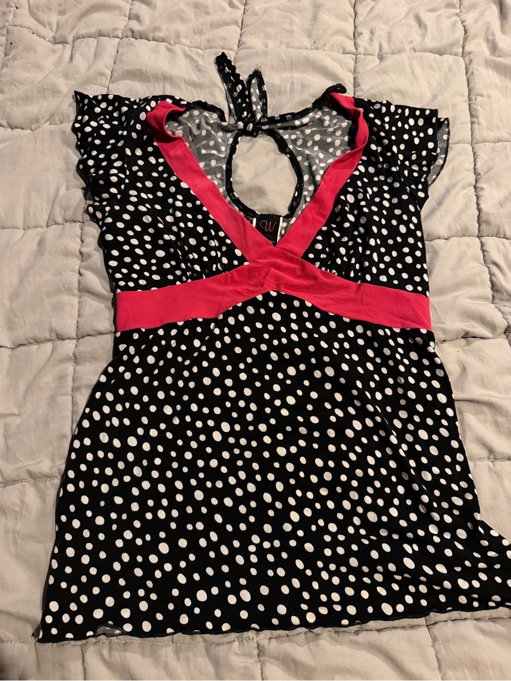 Wrapper Black and White Polka Dot Top with Pink Trim